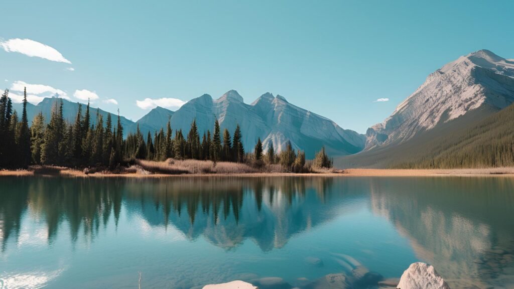 A stunning view of the Rocky Mountains, with a clear blue sky, highlighting the natural beauty of Canada