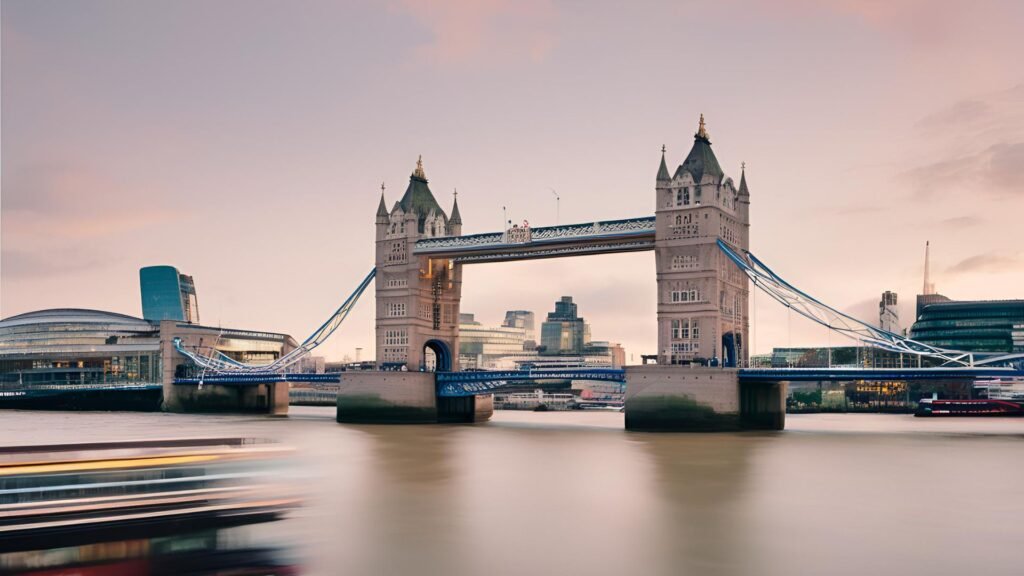 An iconic view of the London skyline, featuring the Tower Bridge and the Thames River