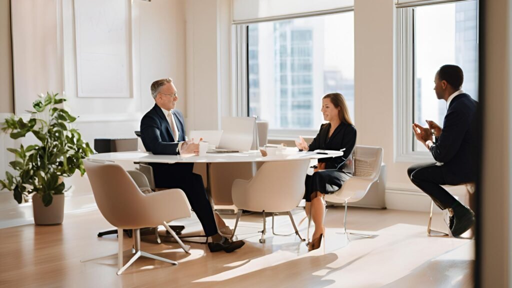 An elegant office setting with a financial advisor discussing investment opportunities