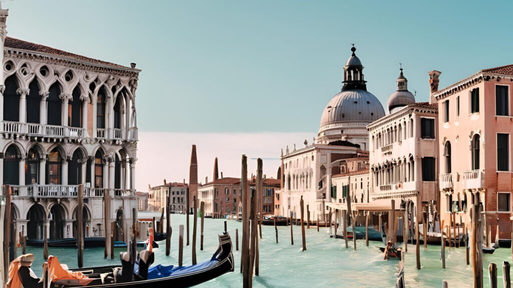 A picturesque view of Venice’s Grand Canal with gondolas and historic buildings, symbolizing the timeless allure of Italy.