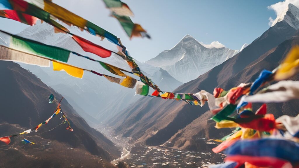 A majestic view of the Himalayas with prayer flags fluttering in the foreground