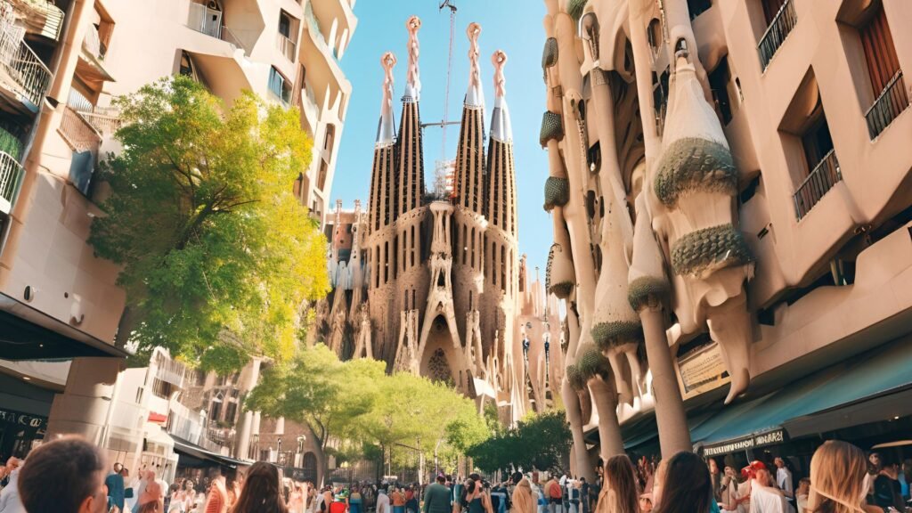 A lively scene of Barcelona's Sagrada Familia with vibrant street life, showcasing the cultural richness and architectural beauty of Spain