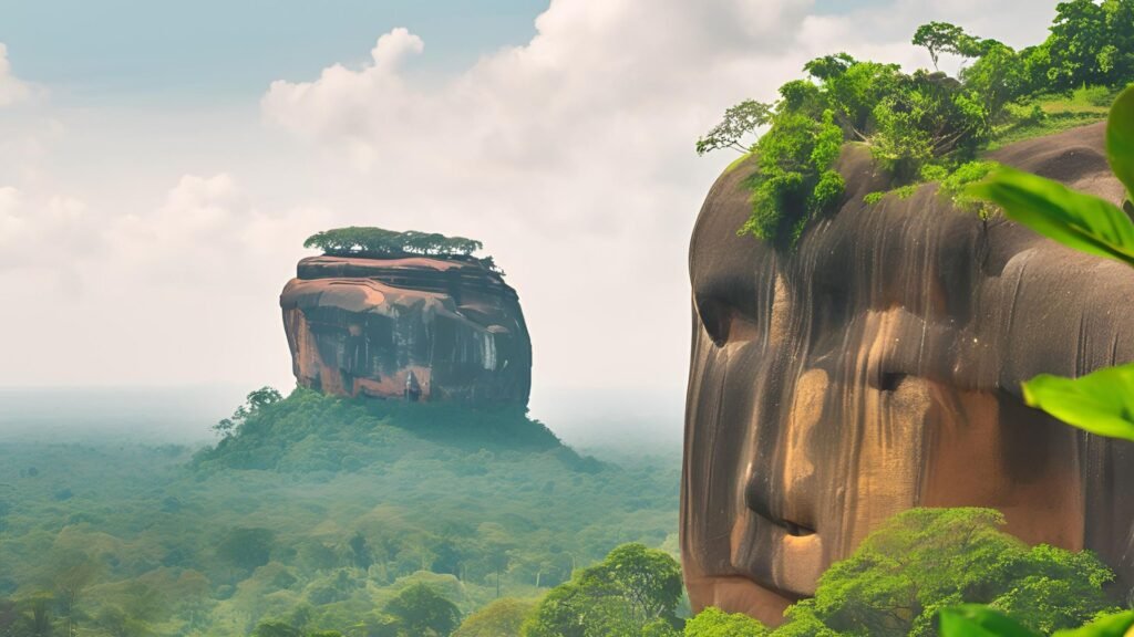 A scenic view of Sigiriya Rock in Sri Lanka, surrounded by lush greenery