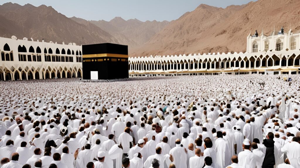 A view of the Kaaba in Makkah, surrounded by pilgrims