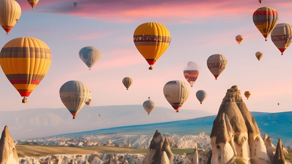 A captivating image of Cappadocia’s unique rock formations with hot air balloons in the sky, highlighting the enchanting beauty of Turkey