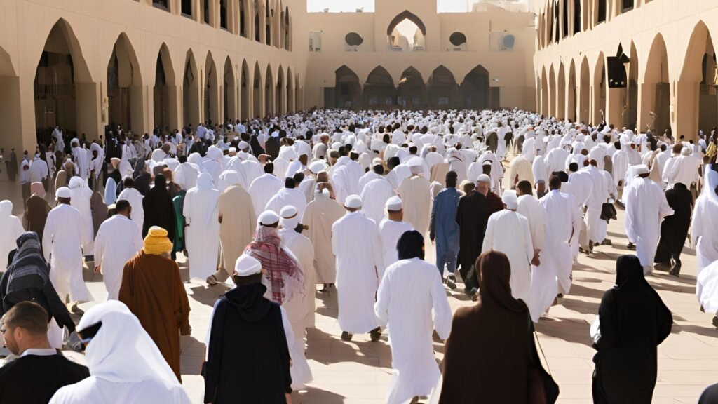 A view of pilgrims walking in Mina